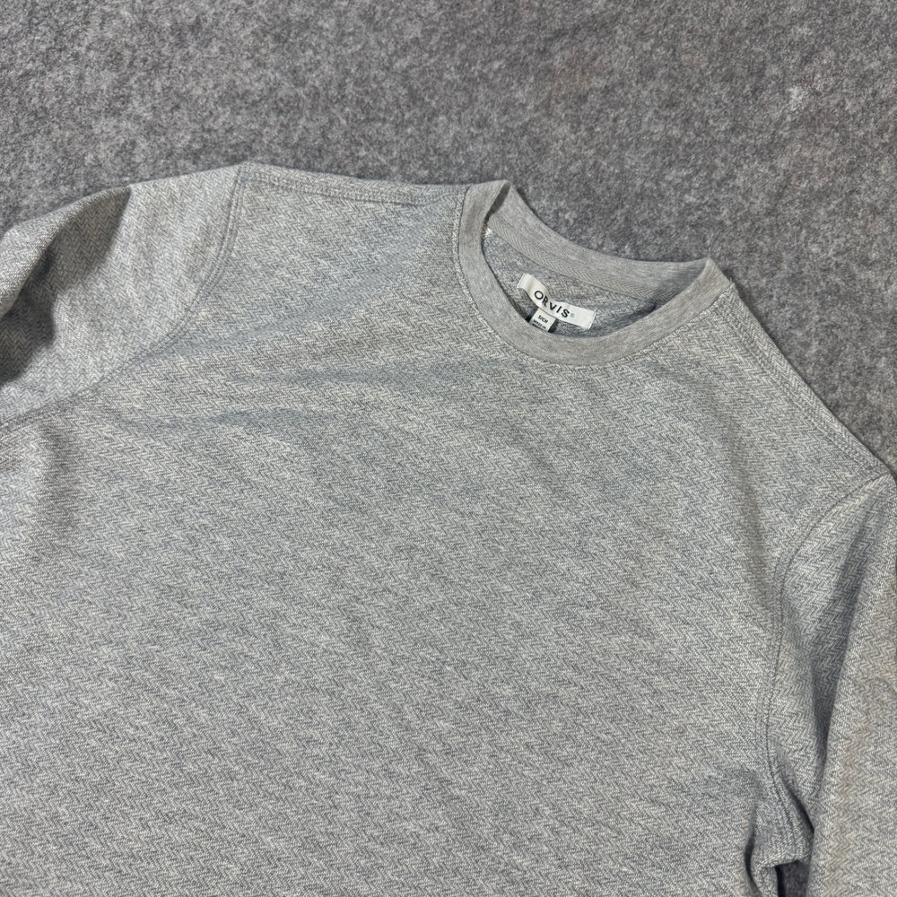 Orvis Mens Small Grey Textured Herringbone Long Sleeve Crewneck Pullover Shirt